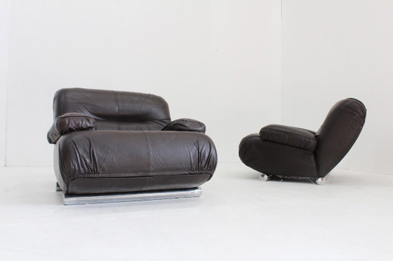Giuseppe Munari Lounge Chairs Brown Leather 1970s, Italy Set Of 2 – Fauteuils (photo 5 of 9)