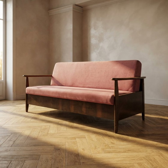 Bordeauxrode opklapbare slaapbank van Edmund Homa, mid-century modern, jaren 60, Tsjechoslowakije, 200 × 88 (photo 2 of 13)
