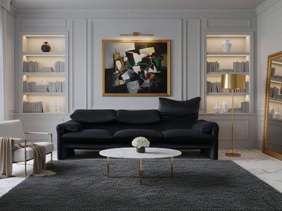 Image 1 of Divano vintage Cassina Maralunga a 3 posti in velluto blu e verde degli anni '80