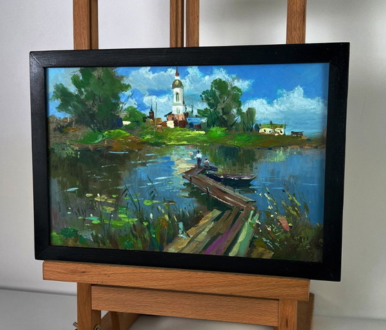 Original Oil Painting Impressionistic River Landscape Painting Bridge over the River, Paintings & Drawings (photo 3 of 11)
