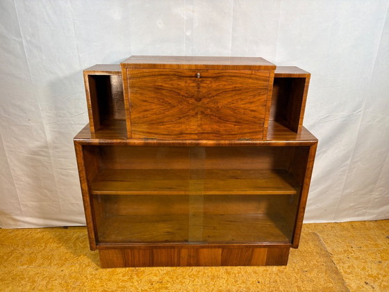 Vintage Art Deco bureau uit de jaren 1930 van wortelnotenhout met vitrinekast – Schrijftafel met klep aan de (photo 7 of 12)