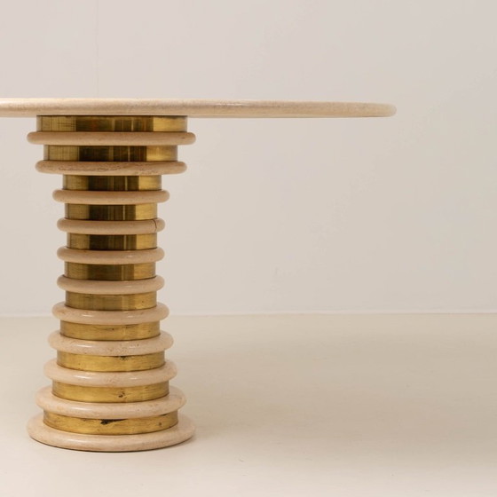 Image 1 of Travertine and Brass Pedestal Dinning Table Marzio Cecchi 