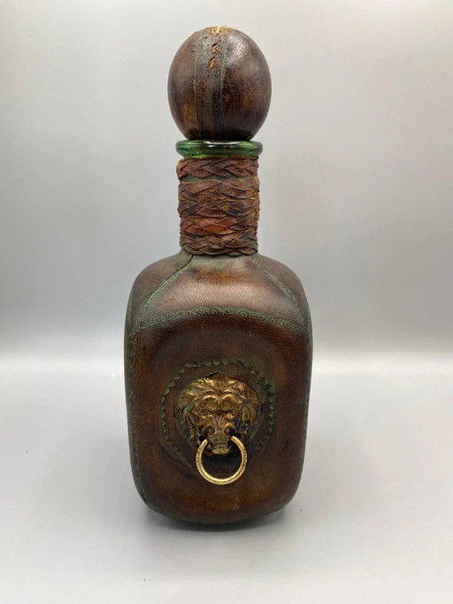 Hand-Blown Glass Carafe Adorned with Embossed Leather – Gilded Brass Lion's Head Medallion – France & Daverkosen