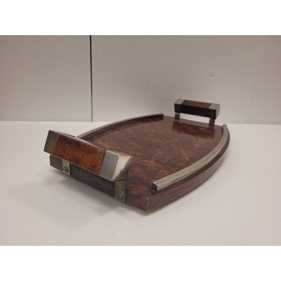 Image 1 of Vintage art deco serving tray in root or lupia wood and chrome steel, France 1930