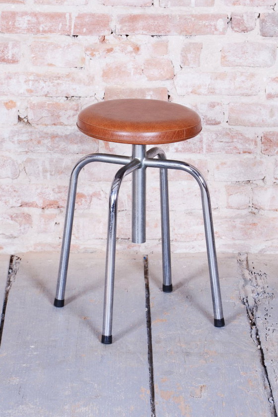 Original Bauhaus Swivel Chair, Chrome-Plated Steel, Leatherette, Czech, 1950s – Stools, Metal (photo 10 of 10)