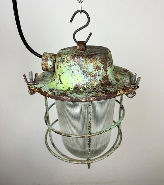 Image 1 of Green Industrial Soviet Bunker Pendant Light with Iron Grid, 1960s