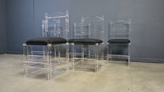 Lucite Or Plexi Dining Chairs, 1970s - Set Of 6 – Plexiglass, Textile (photo 7 of 12)