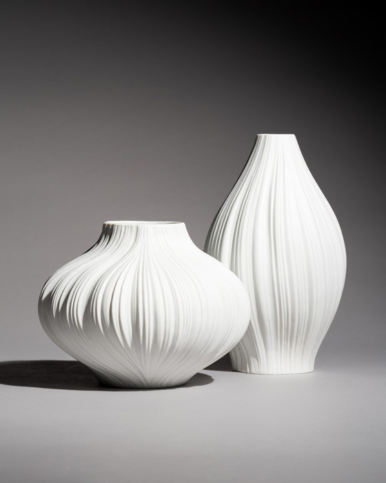 Image 1 of Rosenthal Vase Duo Martin Freyer Bisque Porcelain Plissée Iconic Design 2. Wahl 