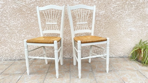 Paire de CHAISES Paillées BLANCHES Vintage 
