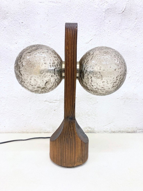 Image 1 of Tischleuchte von Temde aus Holz und Glas zweiflammig 70er brutalistischer Stil