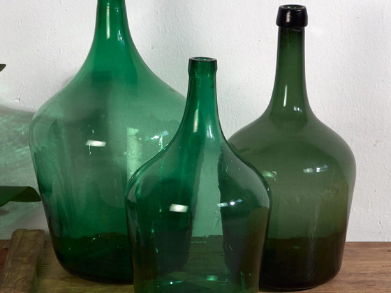 Antique green demijohns (c.1920). Set of 3 pieces #44 – Glass & Decanter, Glass (photo 2 of 10)