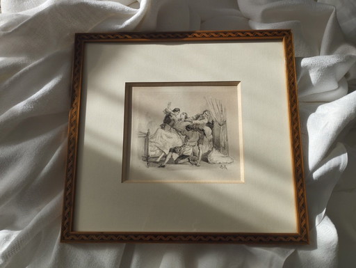 Pain. Black and white engraving, marquetry wood frame