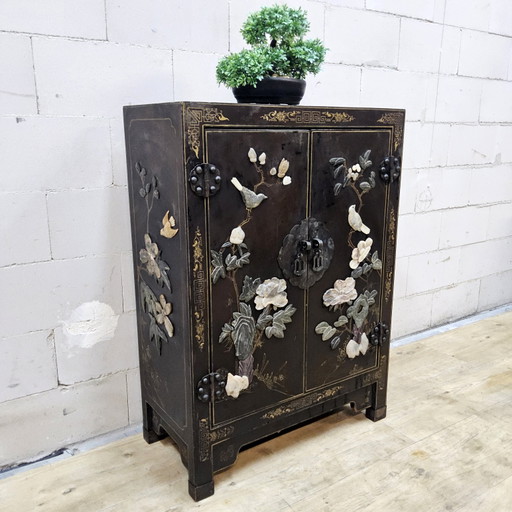 Vintage Chinees Lak Kastje Speksteen, Parelmoer / Vogels En Bloemen / Bohemian Kastje – opbergkast, Wood