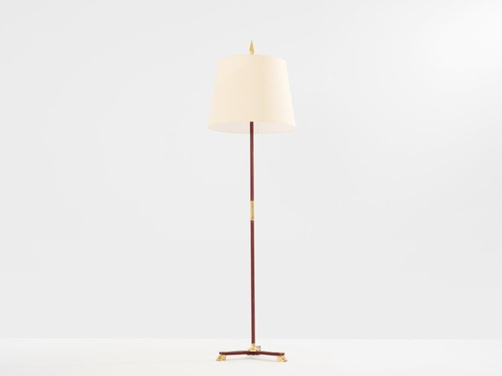 Image 1 of Jacques Adnet Piqué Sellier Stehlampe aus rotem Leder und Messing, 1950