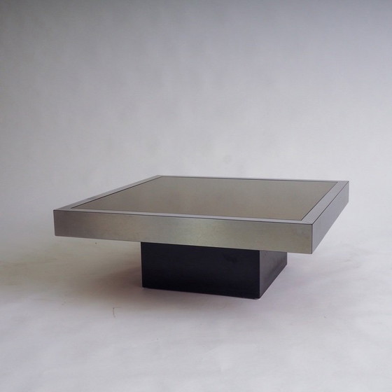 Image 1 of Tavolino in acciaio inox con piano in vetro marrone