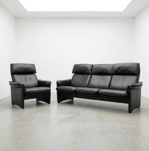Ensemble Erpo Chalet en cuir – Canapé 3 places et fauteuil | Cuir véritable noir | Style classique design