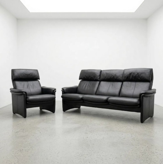 Image 1 of Ensemble Erpo Chalet en cuir – Canapé 3 places et fauteuil | Cuir véritable noir | Style classique design