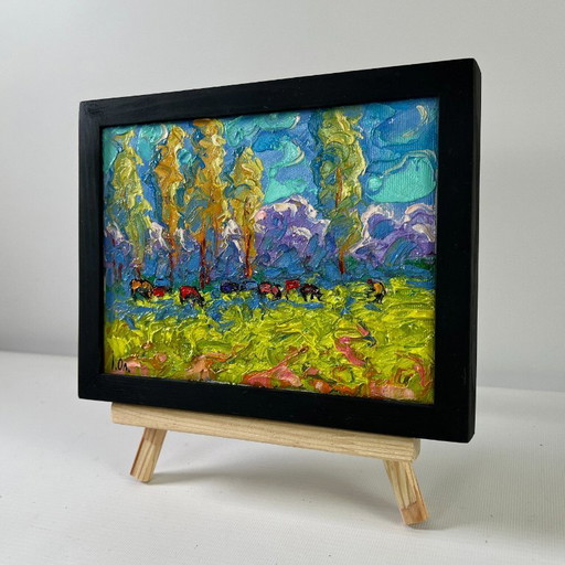 Original Oil Painting Colorful Nature Landscape Spring on the meadows