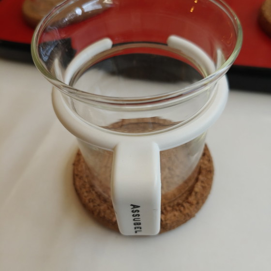 Image 1 of Vintage Bodum glazen mokkenset van 6 – Scandinavisch design – Kurken onderzetters – Gemaakt in de EEG