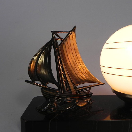 Art Deco desk lamp with sailboat and globe on marble base, 1930s – Table lamps, Metal, Vintage (photo 14 of 15)