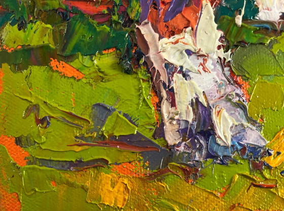Image 1 of Original Oil Painting Spring Village Landscape Quiet comfort beneath the spreading tree