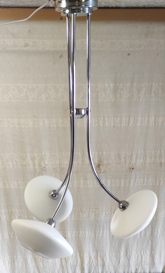 Image 1 of Bauhaus design 3-light chandelier in chromed metal and opaline glass - 1930s/40s