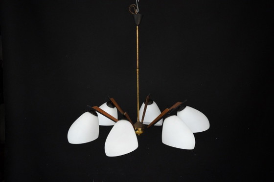 Image 1 of Italian Mid-Century six arms chandelier in the manner of Stilnovo. Italy 1950s.