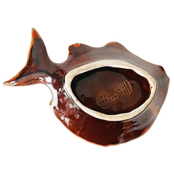 Image 1 of Vintage modernist French Vallauris fish dish, fat lava glazed Majolica, 1950s
