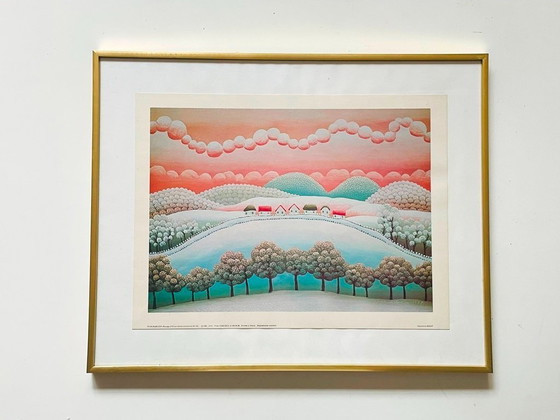 Image 1 of Stampa artistica di paesaggio naif di I. RABUZIN ~ Vintage anni '70