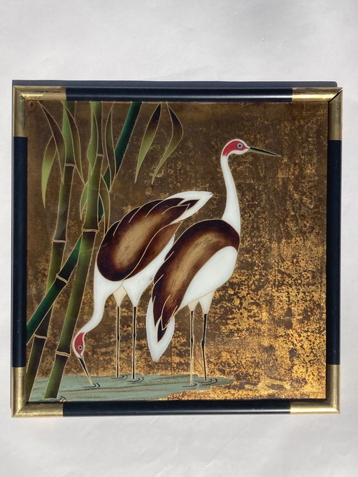 Peinture chinoise en verre inversé représentant des grues ou des aigrettes, années 1960