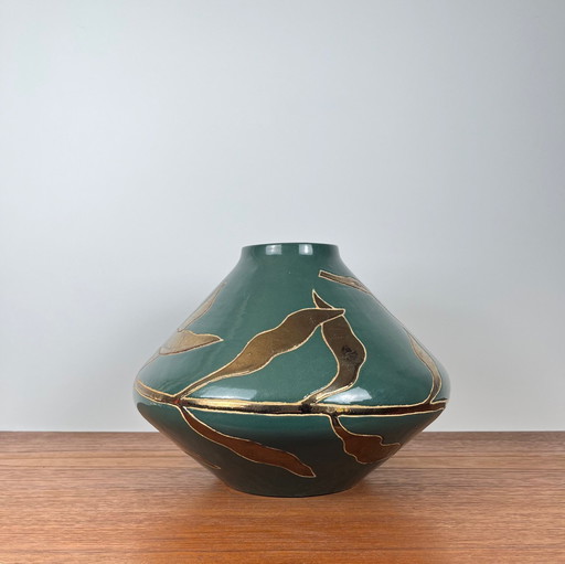 Vintage Green & Gold Glazed Ceramic Vase