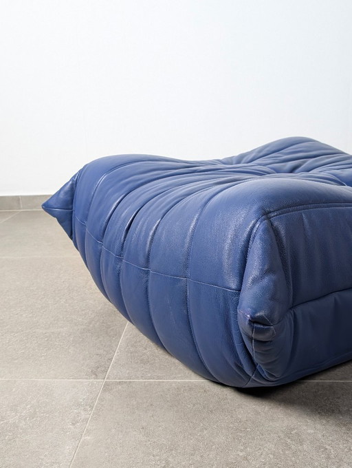 Michel Ducaroy Ligne Roset Blue Leather Togo Ottoman France 1980s