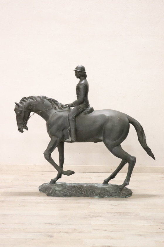 Image 1 of Bronzeskulptur, signiert, Pferd mit Jockey, Höhe 103 cm