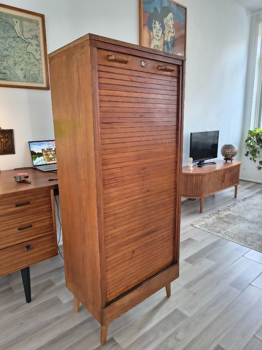 Vintage cabinet with roller door | 1930s | wooden filing cabinet