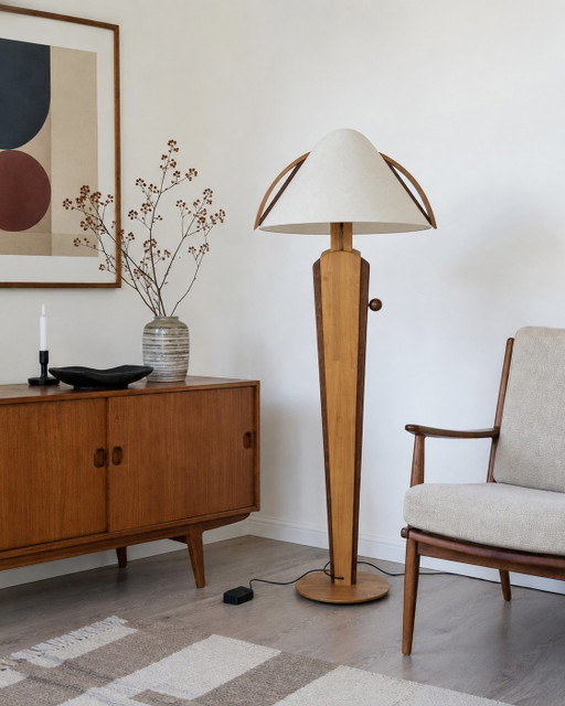 DOMUS 6306 Vintage houten vloerlamp – in hoogte verstelbaar – met voetdimmer – Duits design – vloerlampen, Paper, Wood
