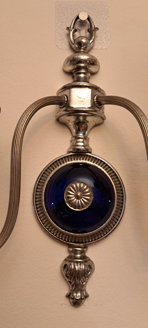 Französische Jugendstil-Wandlampen aus kobaltblauem Glas – 1940er, 2er Set
