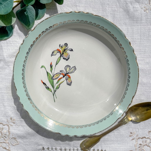 Plato Hondo de Porcelana Iris Blanco y Verde Vintage de los años 50, Moulin des Loups "Sargosse"