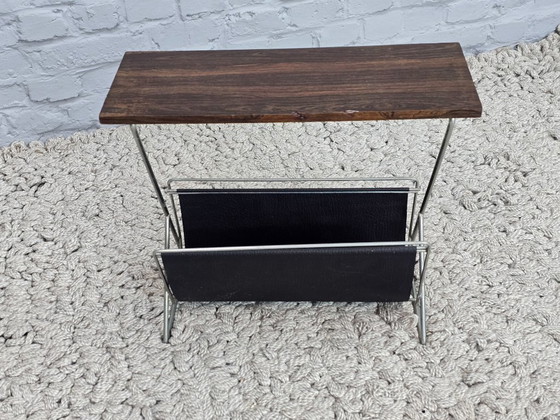 Image 1 of    	 Minimalistic Mid-Century Teak Magazine Table with Metal Frame and Leatherette Sling, 1960s
