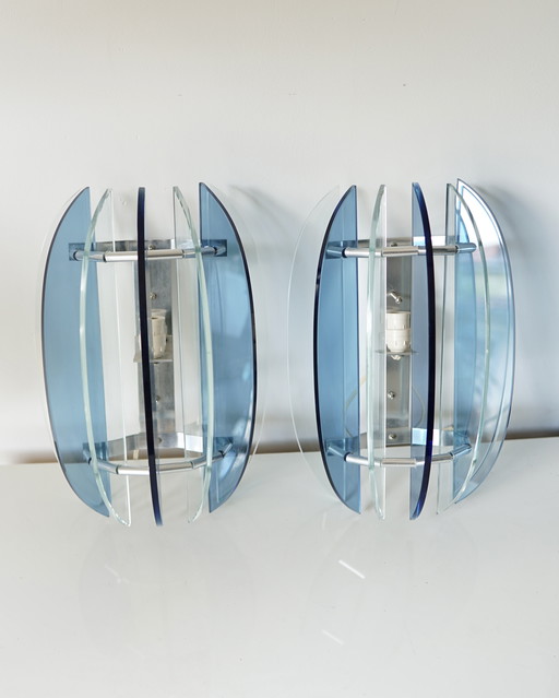 Paire d'Appliques Murales Italiennes VECA pour Fontana Arte – en Acier Chromé et Verre Cristal – Années 60