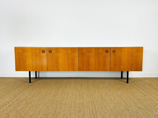Minimalist Scandinavian sideboard in teak with black metal legs, 1960