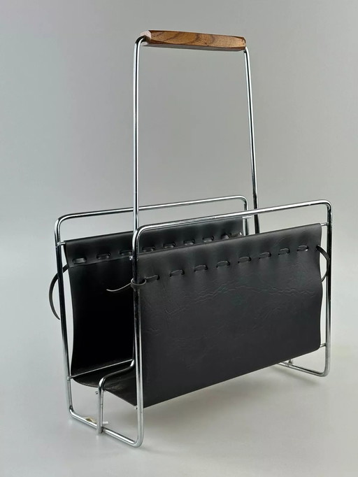 60s 70s newspaper holder newspaper rack metal teak Mid - Century Design