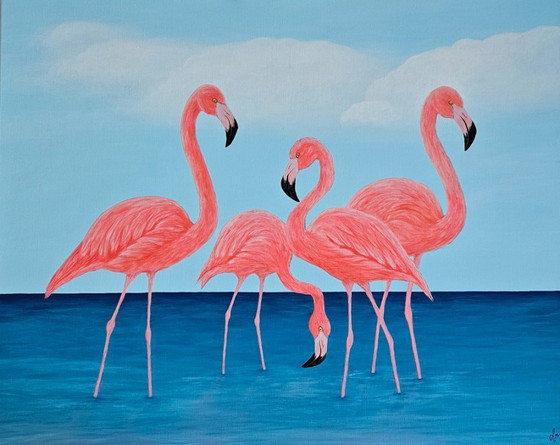 Image 1 of Large flamingo painting handmade with acrylic paint directly from the artist