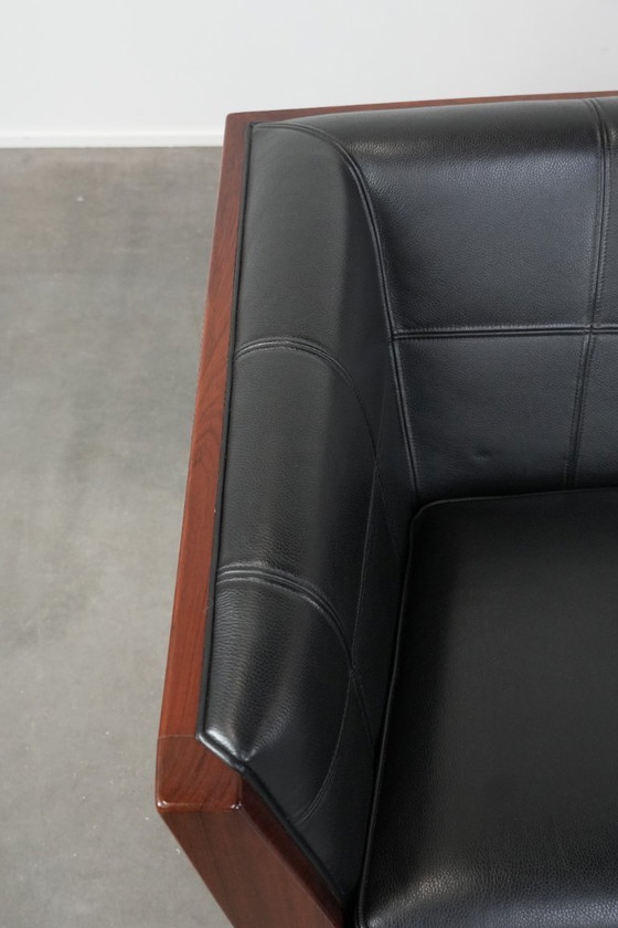 Image 1 of Art Deco Schuitema black leather 2.5-seater designer sofa from the Decoforma series with beautiful woodwork