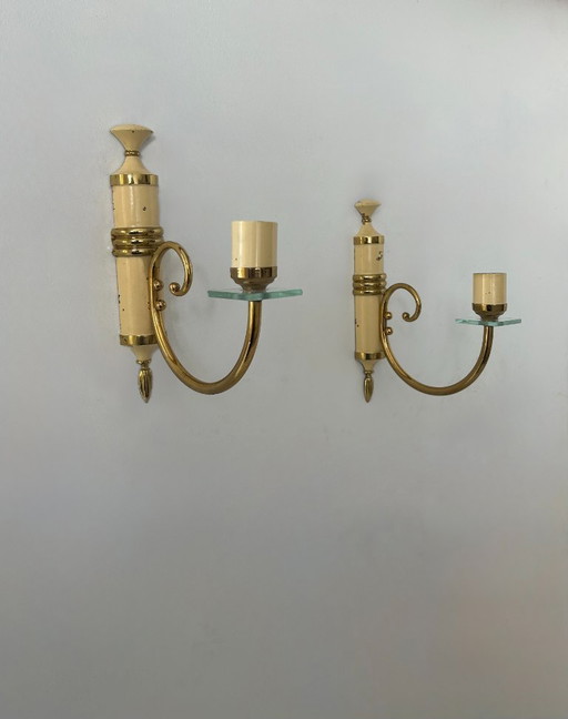 Paire d'appliques en laiton patiné, France, 1940