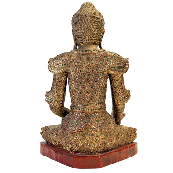 Antique Burmese Jambupati Buddha with glass mosaic, c. 1900 – Sculpture, Wood, Gold (photo 11 of 11)