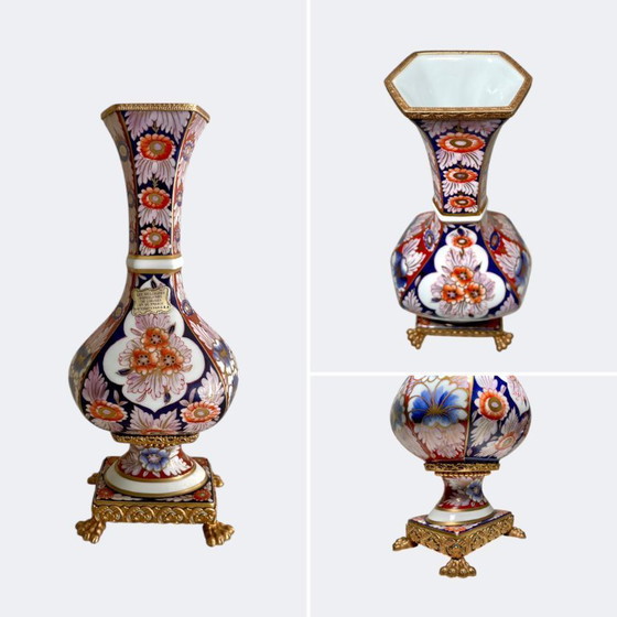 Image 1 of Limoges Porcelain Pair of Vases and Trinket Box - French Floral Imari Style Porcelain and Gilt Brass Mantel Centerpiece
