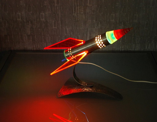 Rocket lamp, Red Yellow Blue made of stainless steel 1970s Space age, handmade