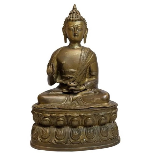 Antiek vuurverguld bronzen Boeddhabeeld – Himalaya, 19e eeuw