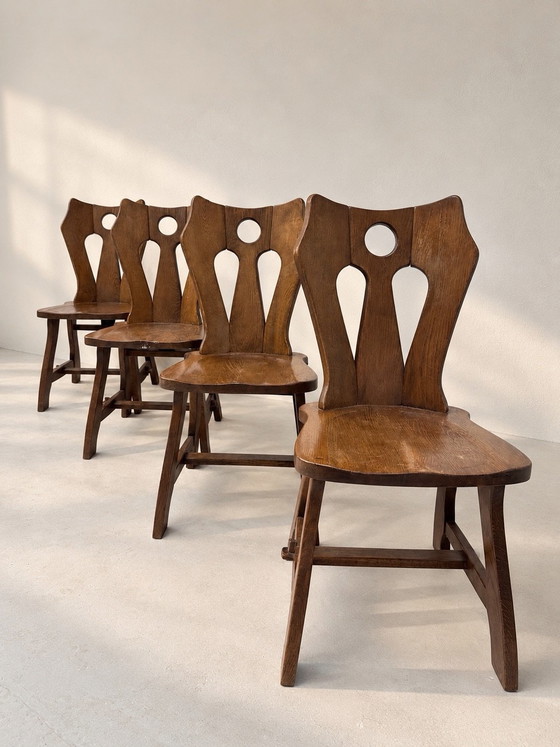 Set di 4 Sedie da Pranzo Vintage Brutaliste in Legno Massello - Design Mid-Century, Marrone (foto 2 di 5)