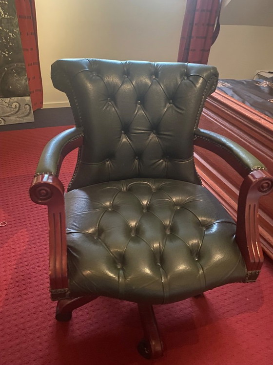 Image 1 of Office chair Antique green leather with wood